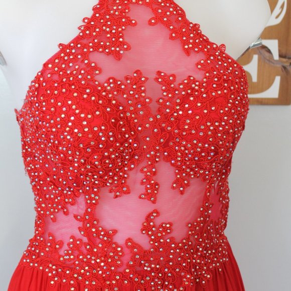 Blondie Nites Red Jeweled Halter Chiffon Dress - Picture 9 of 12